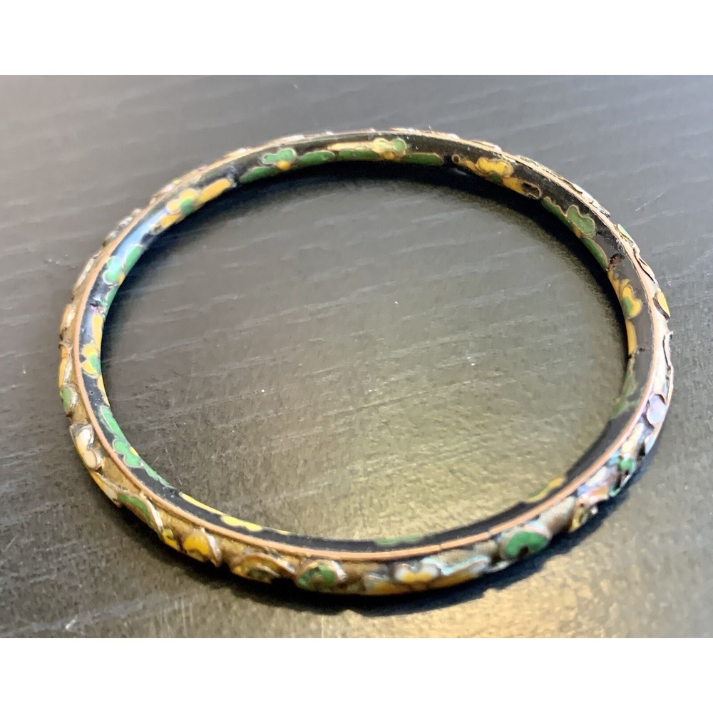 VINTAGE‎ CHINESE FLORAL FLOWERS ENAMEL BANGLE BRACELET 8" L